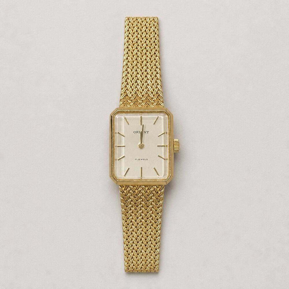 Orient 17 Jewels Vintage Tank Watch Gold Mesh Manual Wind OS210F285A Cocktail